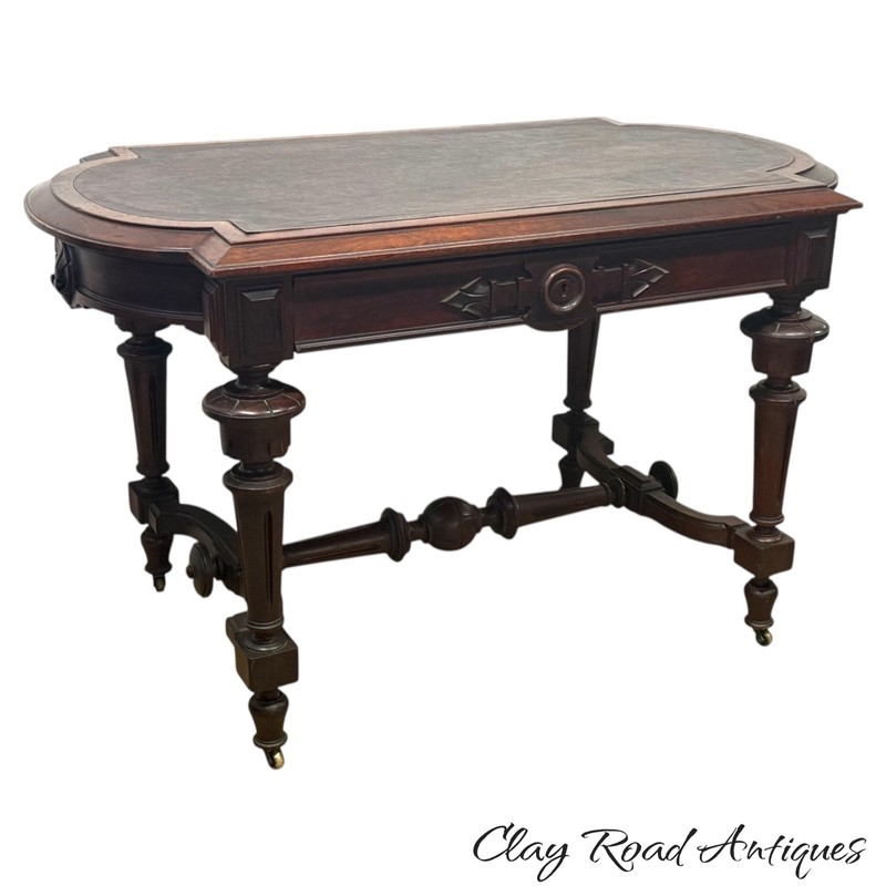 Antique Victorian leather top library parlor table walnut carved 1860
