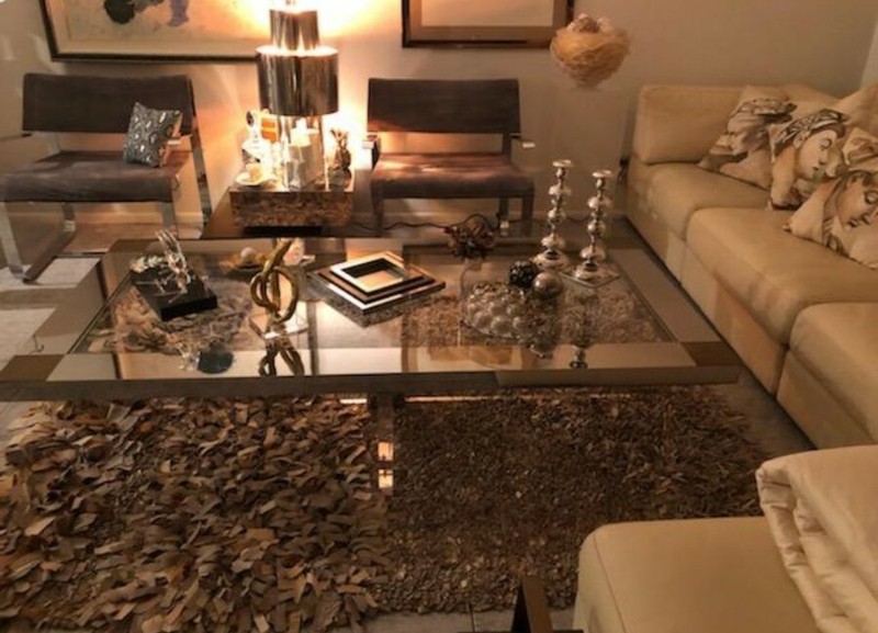 SUPERB STAINLESS STEEL , BRASS AND LUCITE RECTANGULAR COFFEE TABLE gallery