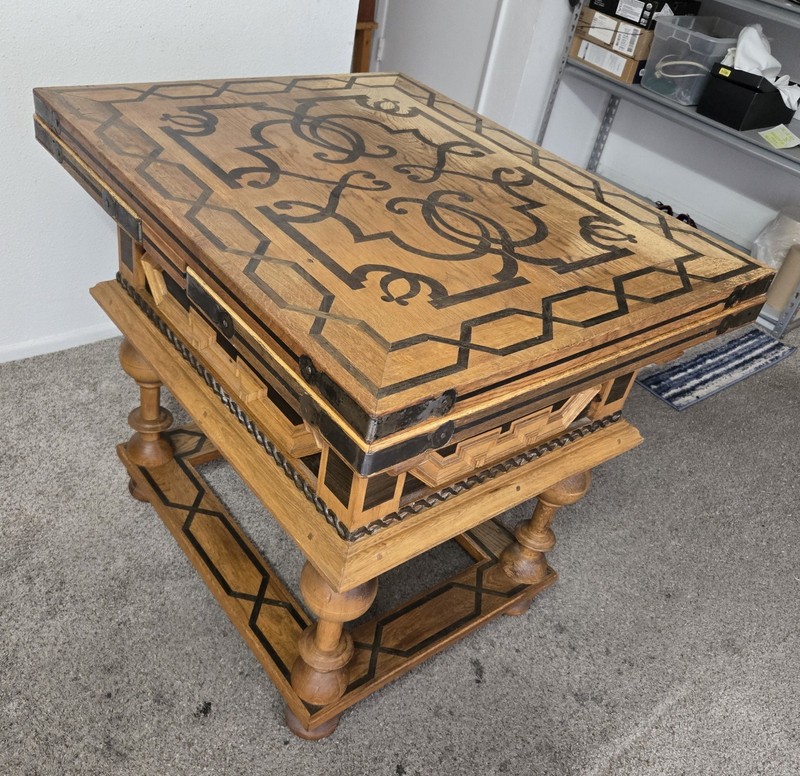 Vintage Spanish Revival Draw-Leaf Extension Table, Inlaid Marquetry Wood