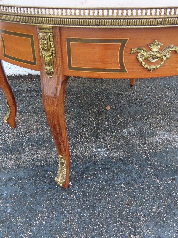 French Inlay Round Coffee Table with Brass Apron 6349 gallery