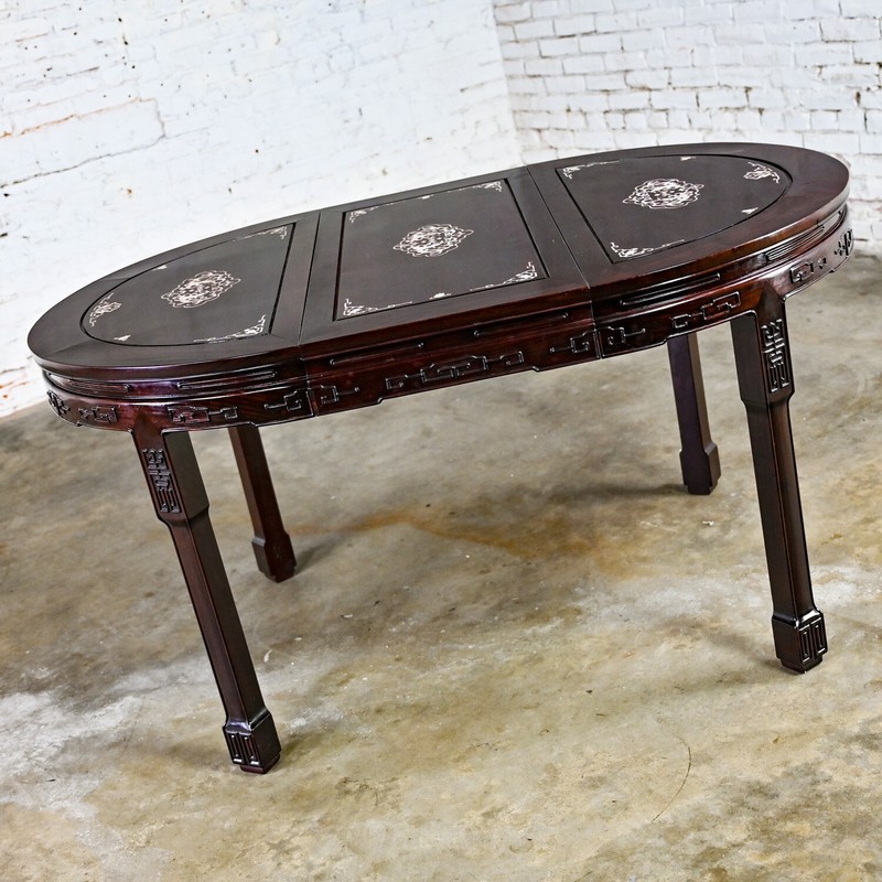 Chinoiserie Dining Table Rosewood & Mother of Pearl Round to Oval with 2 Leaves gallery