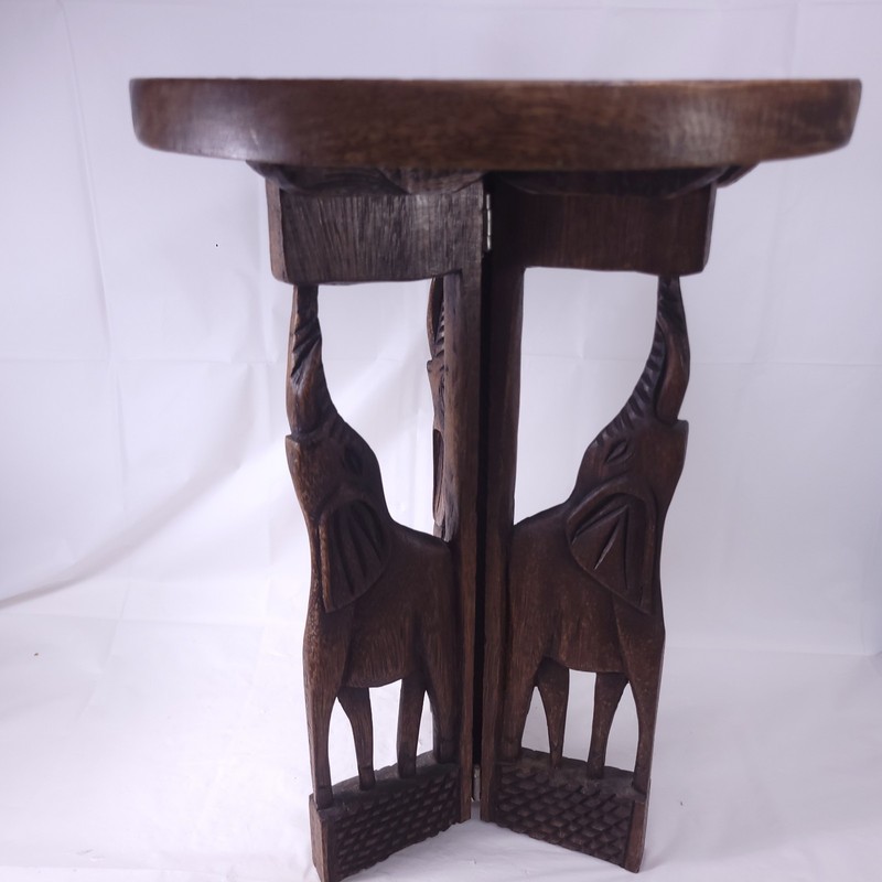 Vintage Hand Carved African Giraffe Table Elephant Folding Legs Small Table READ gallery