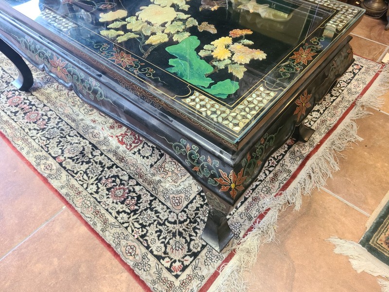 Oriental  Coffee Table, Black, Mother of Pearl, Relief Flower, Glass Top gallery