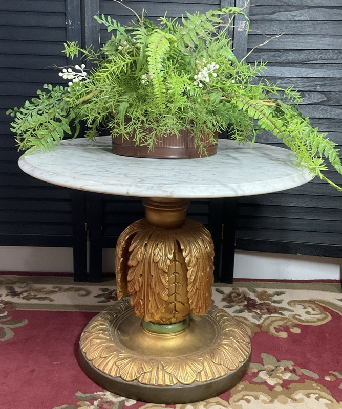 Marble Top Accent Table Gold Gilt Pedestal Base Hollywood Regency Side Neoclassi
