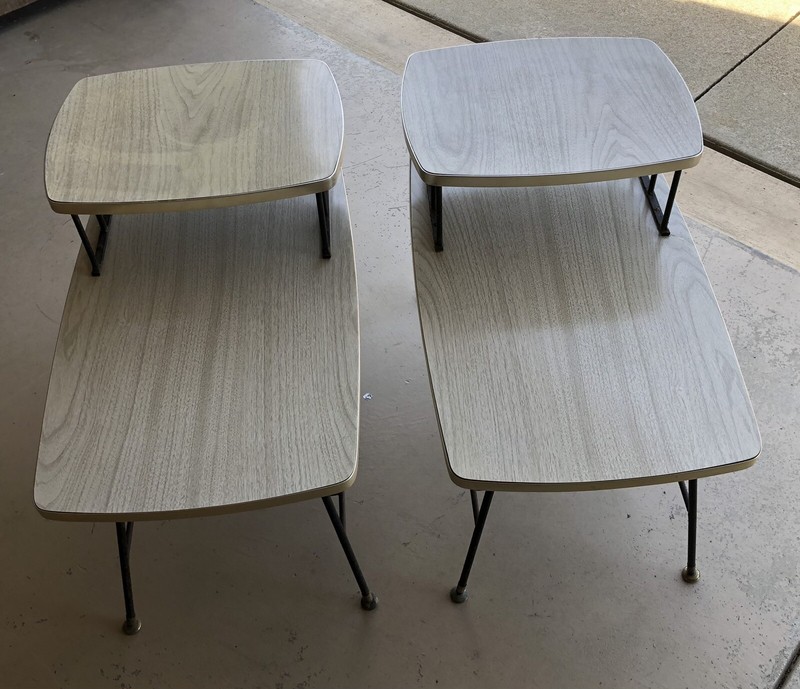 2 Mid Century Modern 2 Tier End Side Tables 1960’s Formica Tops Steel Bases
