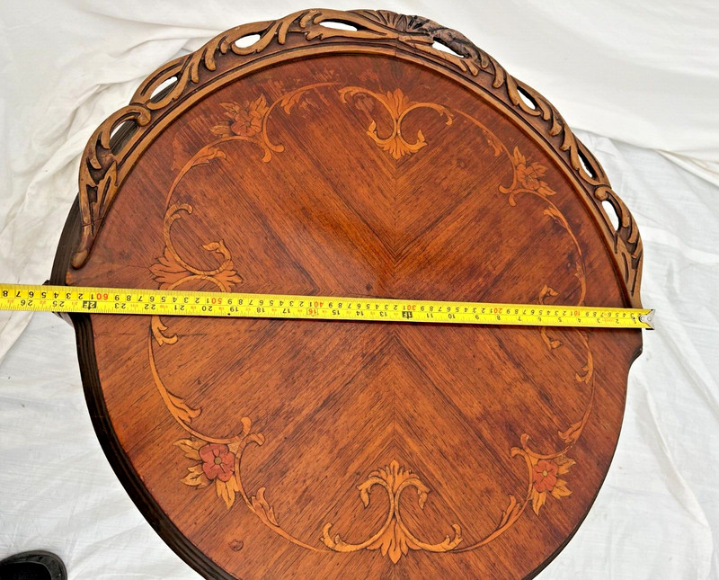 Antique French Table Entry Stand Round Top Floral Hand cut Inlays and fret work gallery