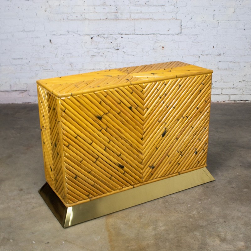 Modern Coastal Sofa Console Table Split Reed Bamboo Pedestal & Brass Plinth Base gallery