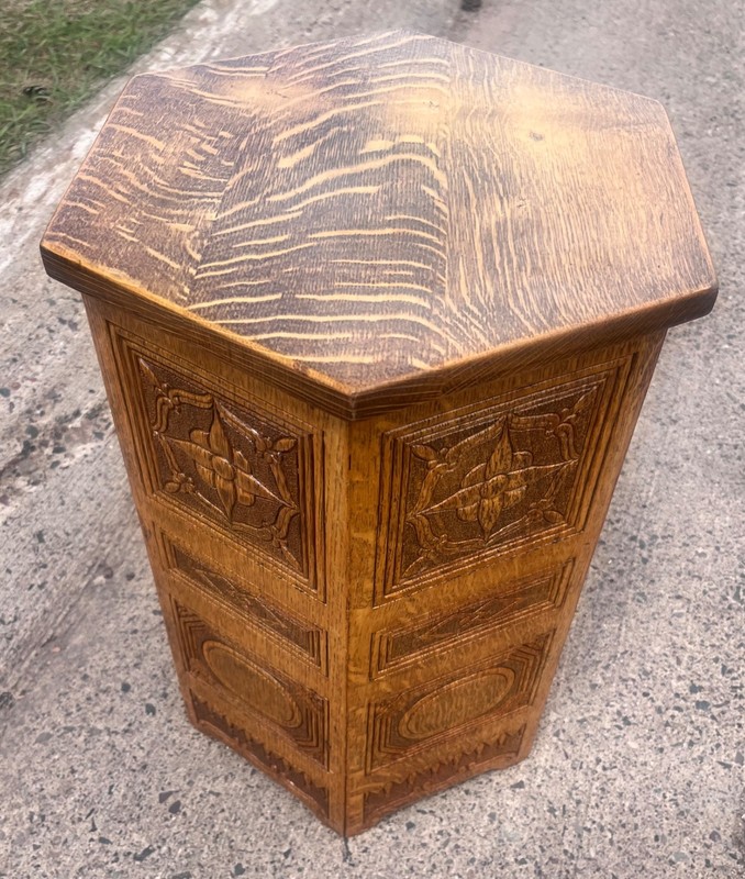 Antique 1910s Arts & Crafts Carved Oak Hexagon TABOURET Plant Stand Side Table gallery