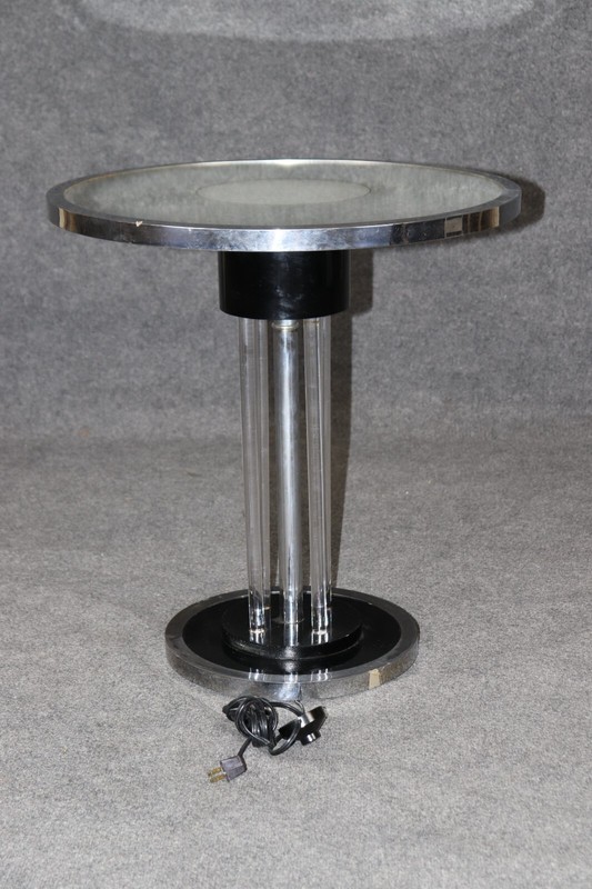 Unique Machine Age or Art Deco Glass and Chrome Lighted Pedestal Table gallery