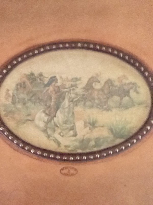 Buck Flynn Hand Painted Indian Scene Hand Stretched Leather Parlor 72” Table gallery