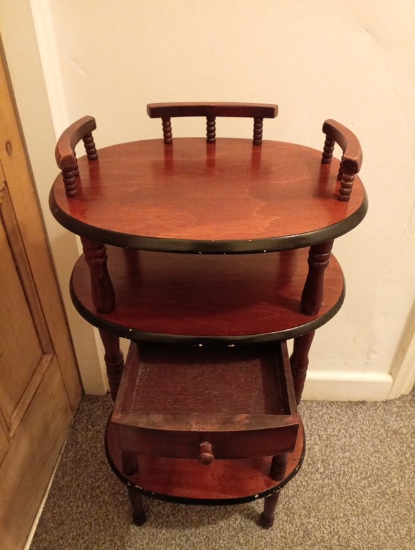 Vintage 19th Century Renaissance Style Wooden Etagere Table With 3 shelf drawer gallery