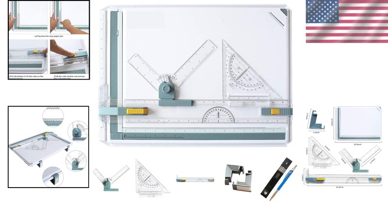 Durable A3 Drawing Board - Tabletop w/ Clamps, Protractor, Sliding Ruler gallery