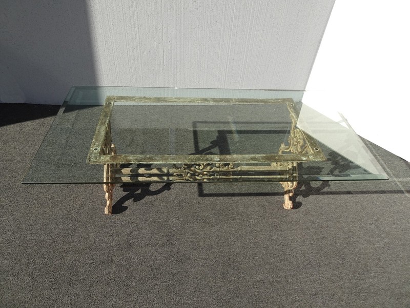 Large Vintage Spanish Style Rustic Cast Iron Bevel Glass Cocktail Coffee Table gallery