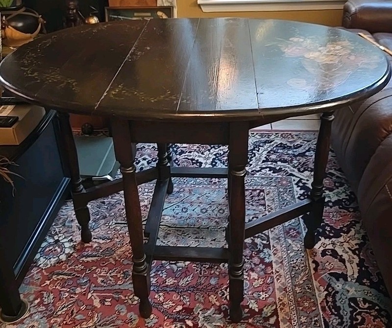 Antique English Oak Folding Sides Table With Painted Design