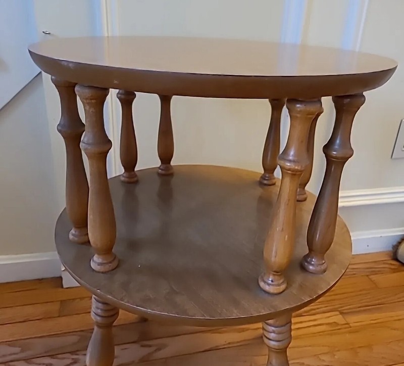 Vintage Solid Wood End Table Round Two Tier 17" Maple Laminate Top (d3) gallery