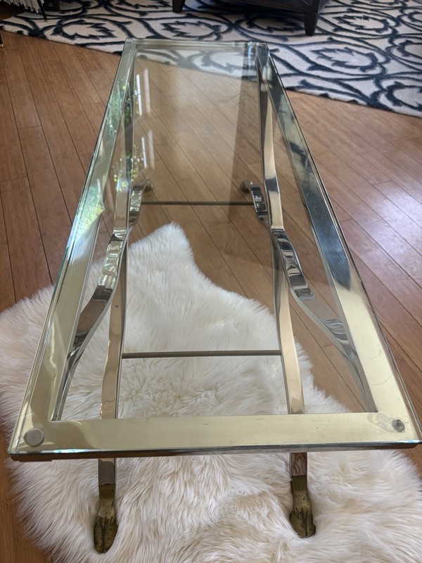 Mid Century Modern Chrome Glass Top Coffee Console Table with Brass Hoof-Feet gallery