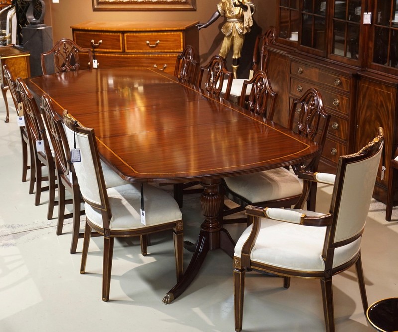 10' Duncan Phyfe traditional mahogany 2 pedestal formal dining table gallery