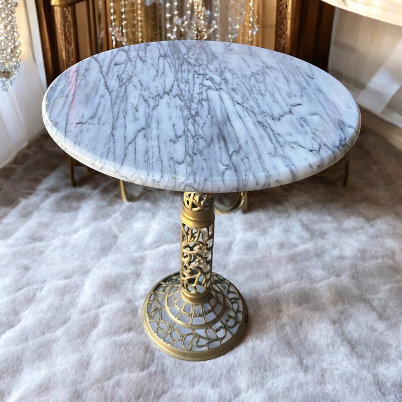 Hollywood Regency Marble Round Side Table Brass Filigree Base