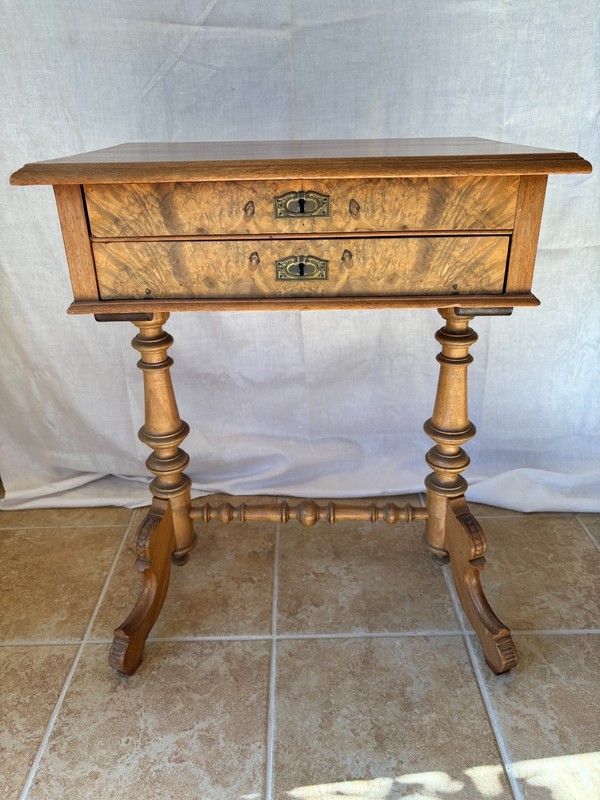 A Stunning Victorian Antique Walnut Burl & Carved Sewing Table (c. 1860-1880)