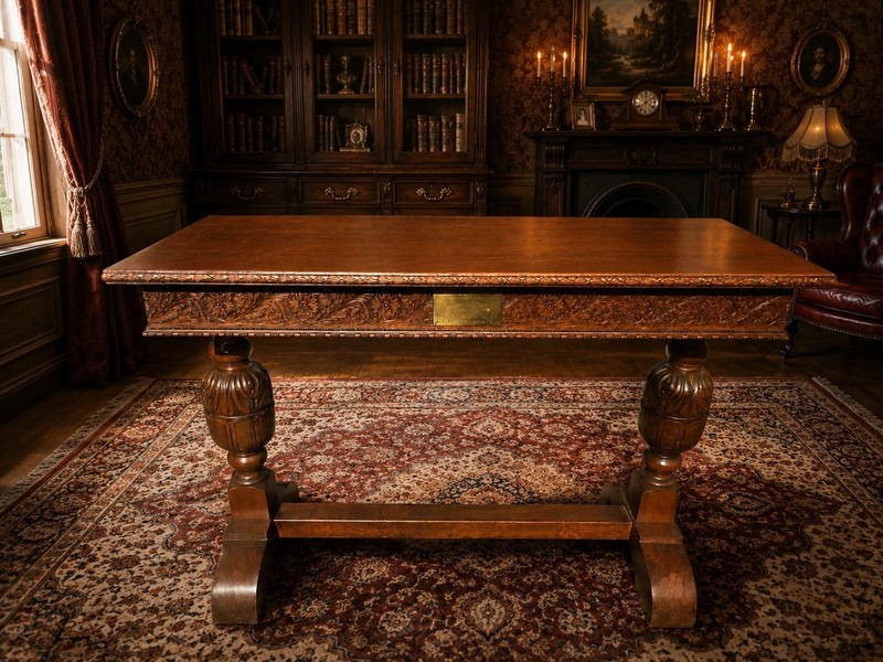 RARE Antique Hand Carved Oak Refectory / Centre Table With Memorial Plaque