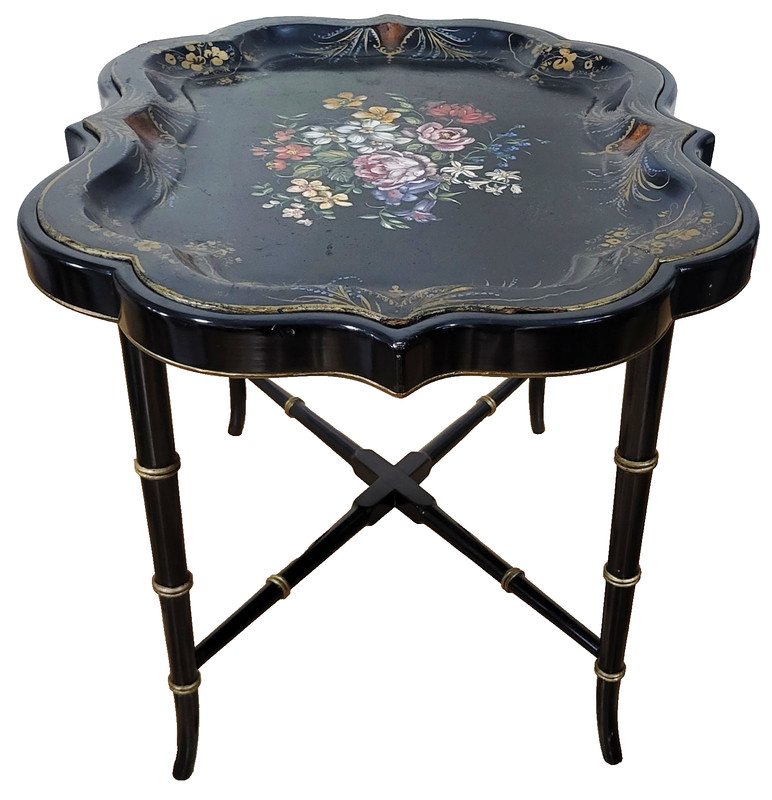 Vintage 20th C ENGLISH Regency Style BAMBOO Base PAPIER MACHE TRAY Coffee TABLE gallery