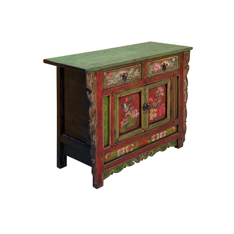 Chinese Distressed Red Green Flower Sideboard Credenza Cabinet cs7825 gallery
