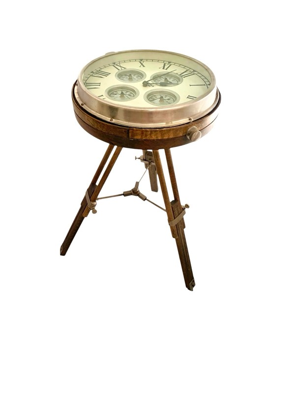 World Clock Tripod Wood Side Table Vintage Industrial Style Nautical Decor