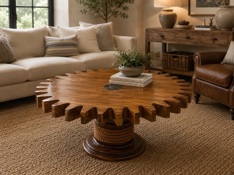 💙Vintage MCM Ethan Allen Gear Cog Wheel Spinning Coffee Table Antiqued Pine