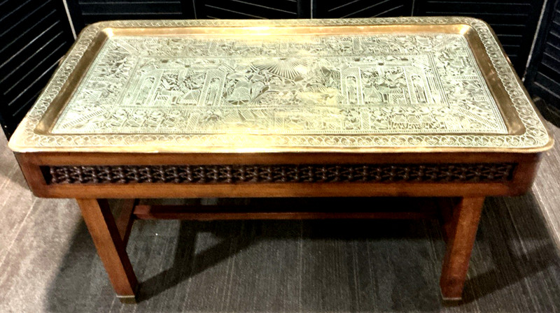 Vintage Brass Engraved Coffee Table Middle Eastern Tray Top Carved Wood Base MCM