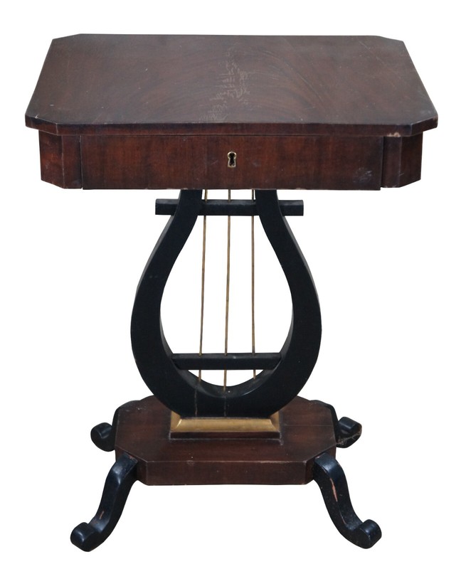 Antique Duncan Phyfe Style Crotch Mahogany & Ebony Lyre Pedestal Sewing Table