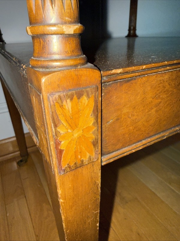 Antique Inlay Wood End Table 20x20x25" Wheel Inlaid Marquetry Read gallery