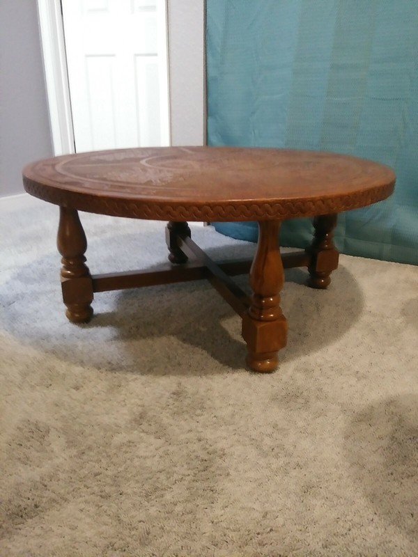 Rare Peruvian Hand Tooled Leather Wooden Coffee Table With 4 Stools Vintage gallery