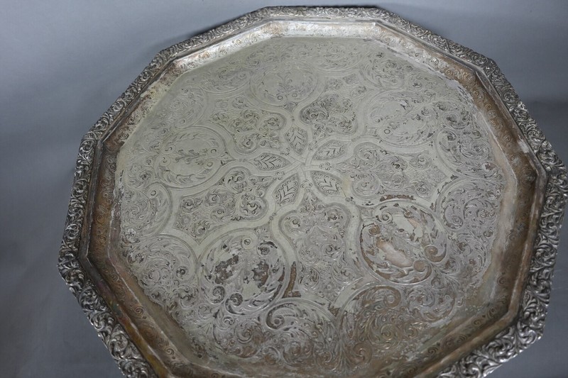 Antique Ornate Silver-Plated Octagonal Pedestal Tray Table –Hand-Engraved Etched gallery