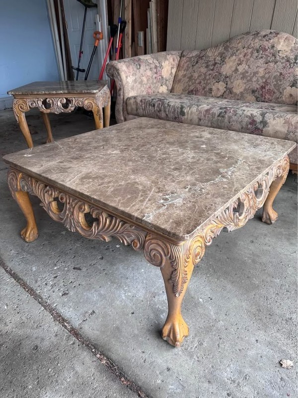 Vintage Louis XV Rococo Marble Top Side Tables Pair Carved Wood gallery