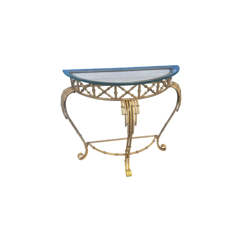 Hollywood Regency Faux Bamboo Demilune Entry Console Table with Mirror gallery