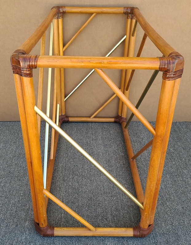 Vintage MCM Bamboo Rattan Brass & Glass Console Sofa Entryway Table gallery