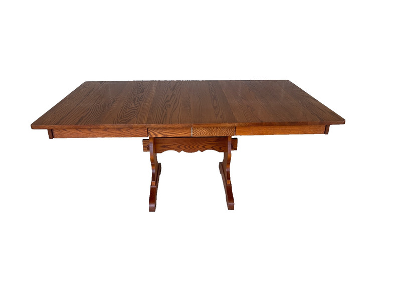 TOM SEELY SOLID OAK TRESTLE STYLE TWIN LEAF EXTENSION DINING TABLE