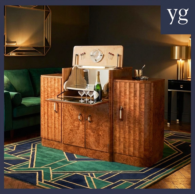 Antique English Art Deco Satinwood Cocktail & Drinks Cabinet Sideboard (c.1930)
