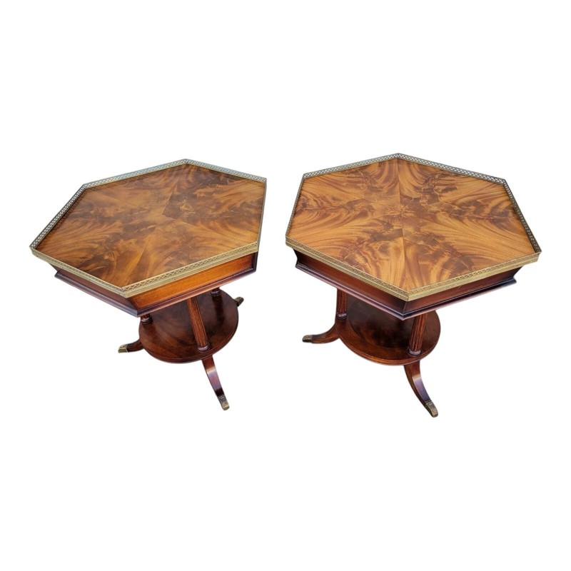 Pair Regency English 1920s Mahogany End Tables Bookmatched Brass Gallery Trim gallery