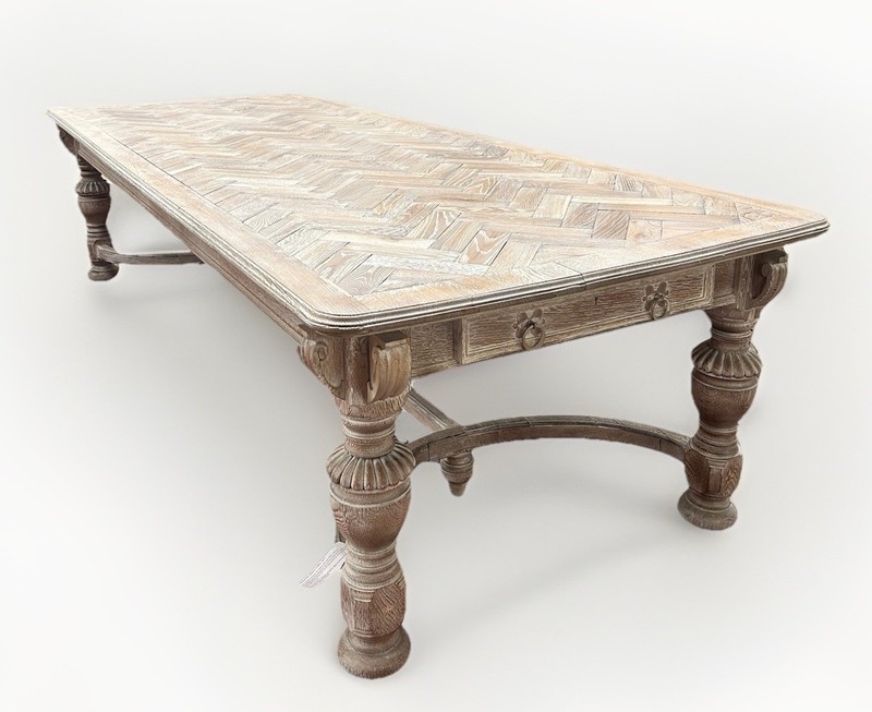 LARGE ENGLISH CERUSED OAK HERRINGBONE PARQUETRY DINING TABLE, 120″L