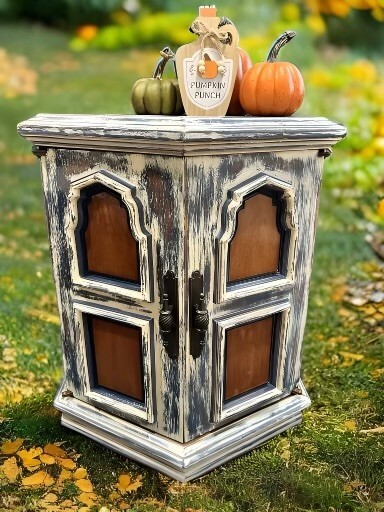 Lane Company vintage end table. Dual door. White with blue underneath. Worn look