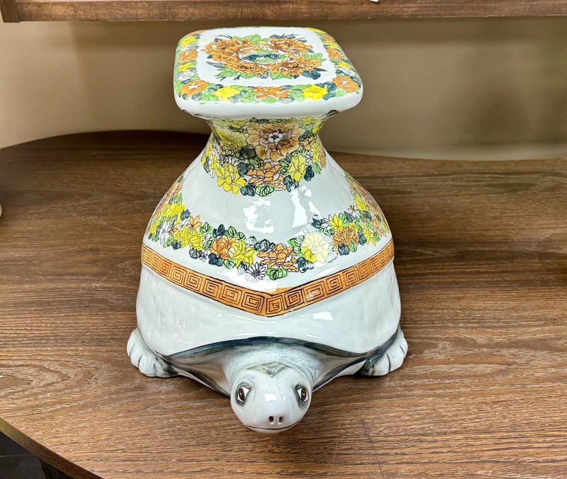 Vintage Italian Ceramic Floral Chinoiserie Regency Turtle Garden Table gallery