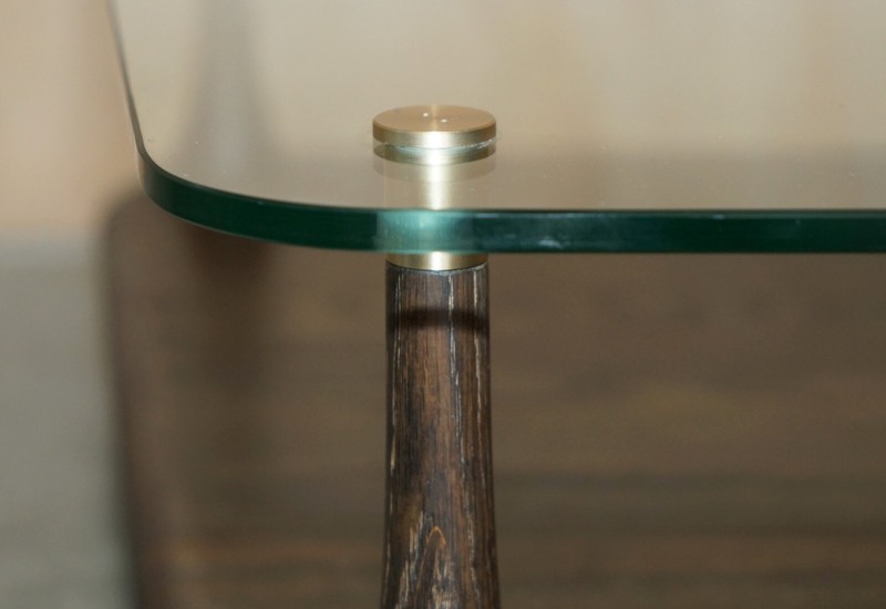 DECORATIVE DESIGNER GLASS & SEARED OAK TWO TIER COFFEE TABLE LOVELY PATINA gallery