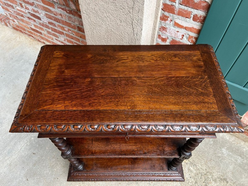Antique English Server Console Table Jacobean Carved Oak Barley Twist c1900 gallery