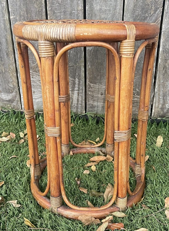 Vintage MCM Round Rattan Wicker Bamboo Cane Side Table Plant Stand Damaged Cane