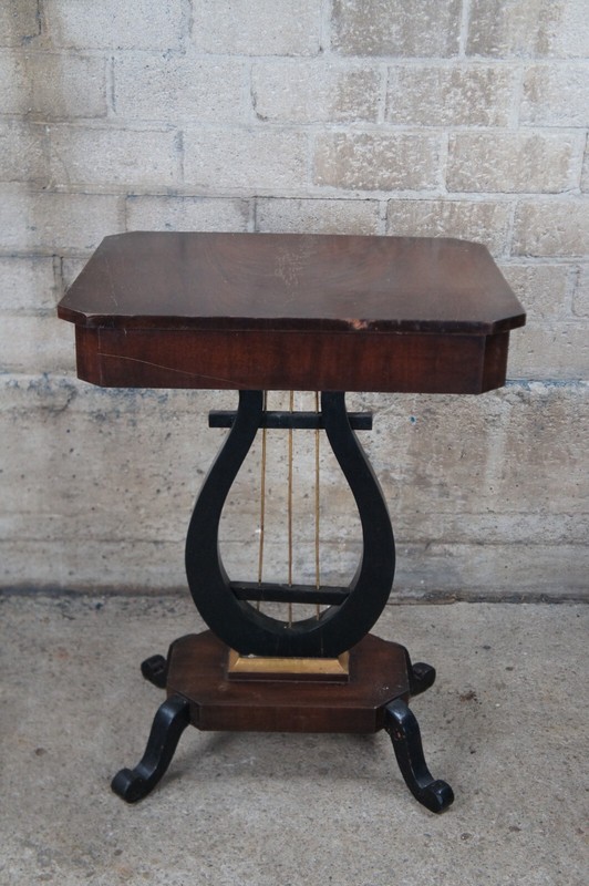 Antique Duncan Phyfe Style Crotch Mahogany & Ebony Lyre Pedestal Sewing Table gallery