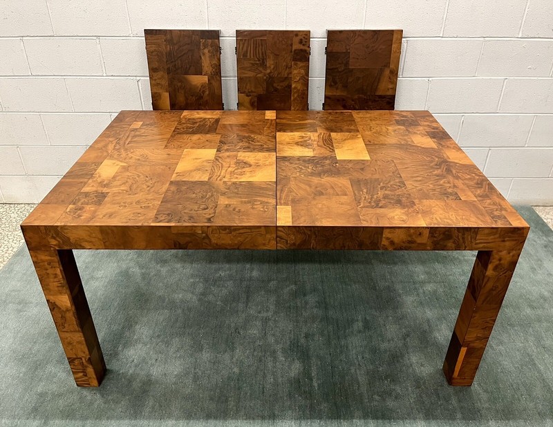 Paul Evans Mid-Century 105″ Patchwork Burlwood Veneer Dining Table; 3 Leaves