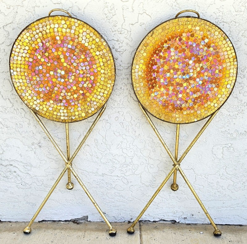 Italian Gold Gilt Folding Mosaic Side Drink Tables 1960s Pair gallery