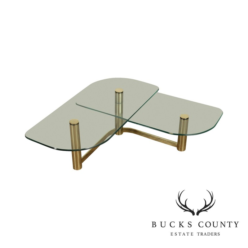 Postmodern 1970’s Vintage Brass & Glass 2 Tier L Shape Coffee Table