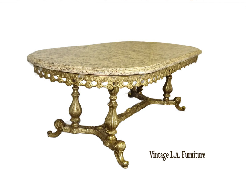 Vintage French Louis Marble Coffee Table w Ornate Brass Skirt and Ornate Base